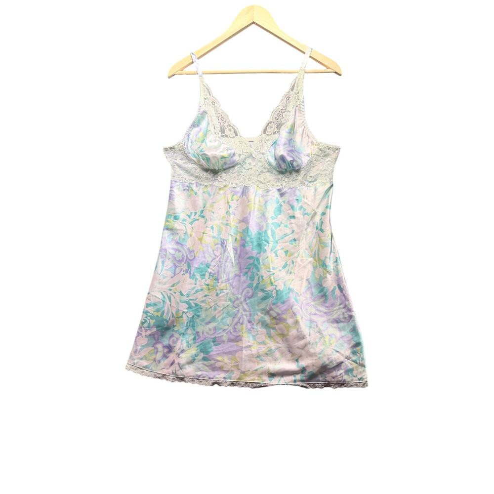 Satin blue green purple swirl print lace slip nightie Y2K vintage lingerie